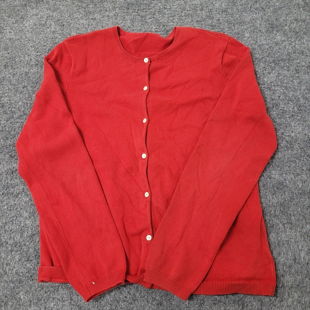 Lands' End Cardigan Womens Size L Red Cotton Knit Button Front Crew Neck Classic